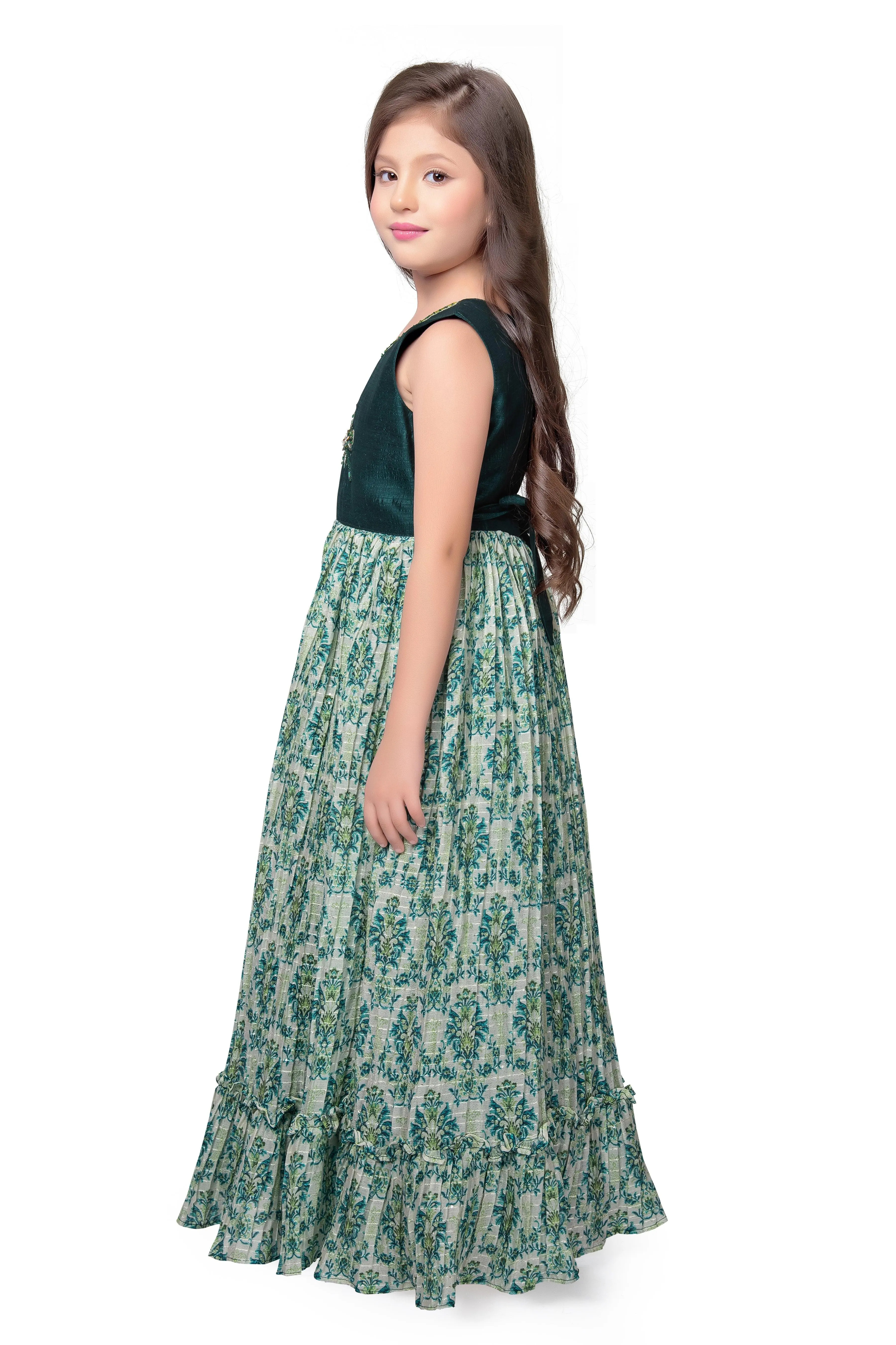 Bottle Green Coloured Ethnic Maxi Dress Gown For Girls