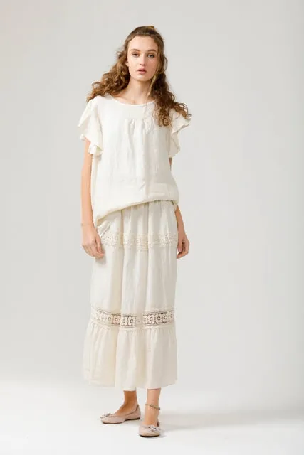 Capri maxi linen skirt with 2 lace insets. Cream