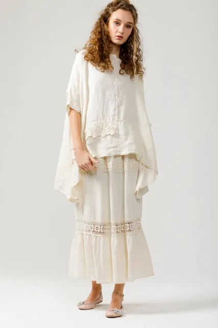 Capri maxi linen skirt with 2 lace insets. Cream