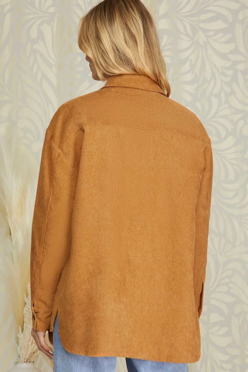 CARAMEL CORDUROY BUTTON DOWN LONG SLEEVES WOVEN SHACKET S10SY5650T
