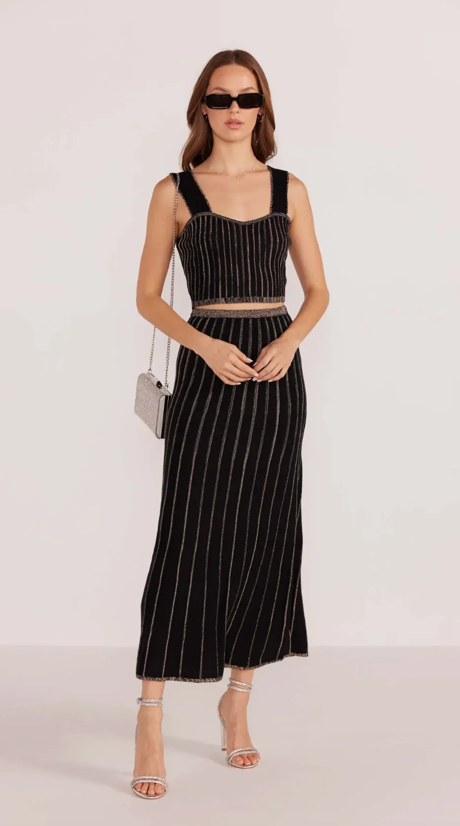 Celia Lurex Stripe Midi Skirt (Blk/Champagne)