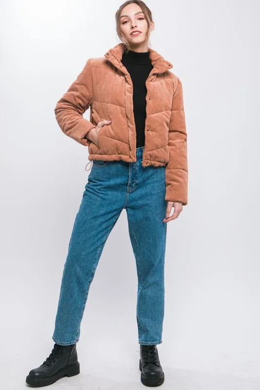 Corduroy Snap Puffer Jacket with Toggle Detail