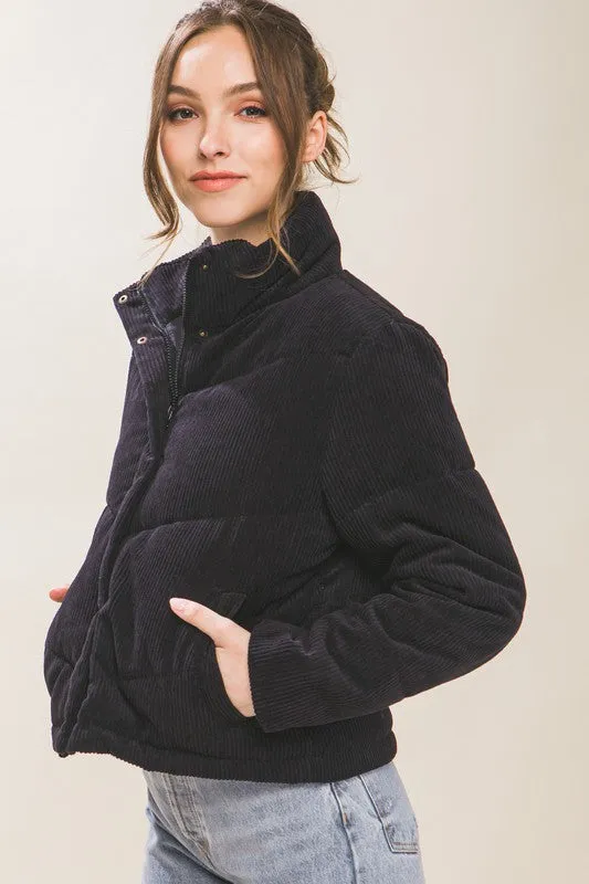 Corduroy Snap Puffer Jacket with Toggle Detail