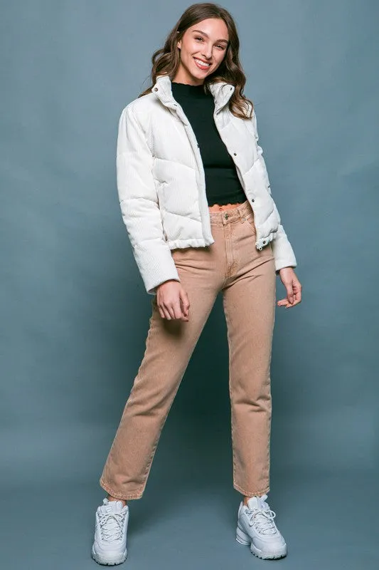 Corduroy Snap Puffer Jacket with Toggle Detail