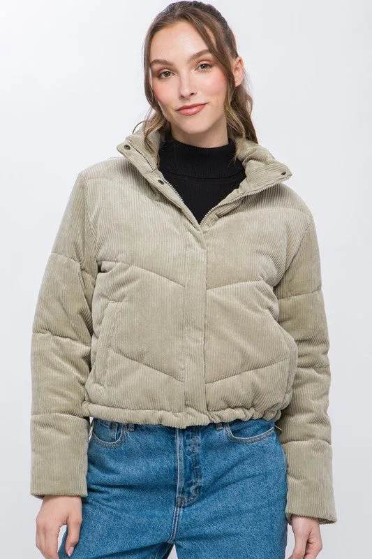 Corduroy Snap Puffer Jacket with Toggle Detail