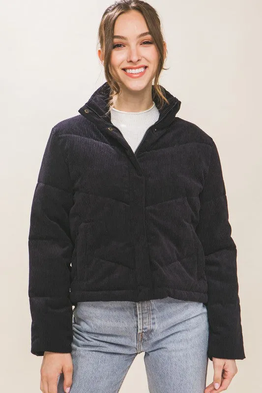 Corduroy Snap Puffer Jacket with Toggle Detail