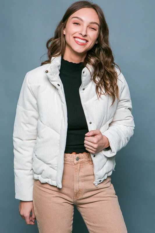 Corduroy Snap Puffer Jacket with Toggle Detail