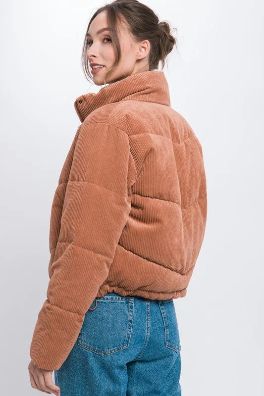 Corduroy Snap Puffer Jacket with Toggle Detail