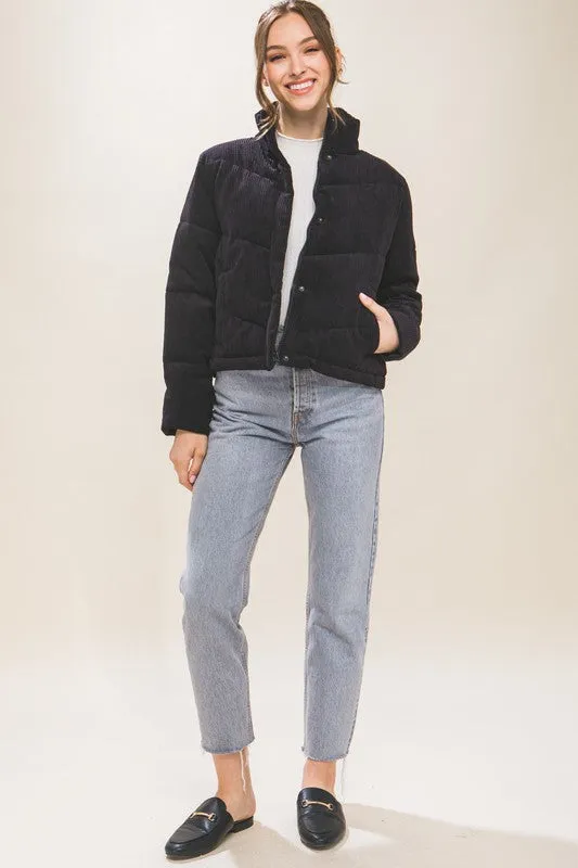 Corduroy Snap Puffer Jacket with Toggle Detail
