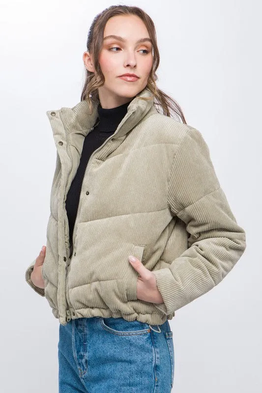 Corduroy Snap Puffer Jacket with Toggle Detail