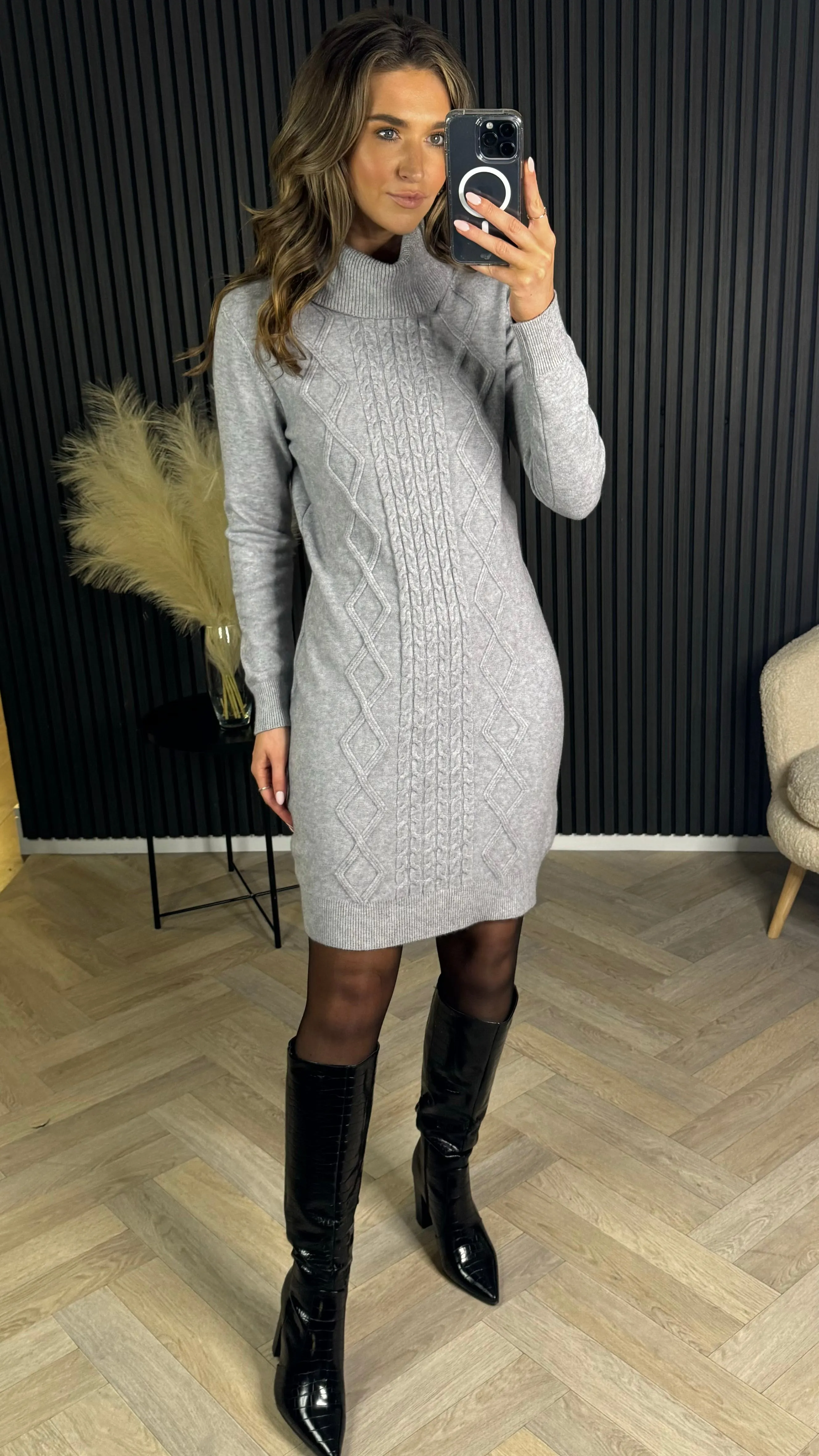 Croia Grey Cable Knit Polo Neck Jumper Mini Dress