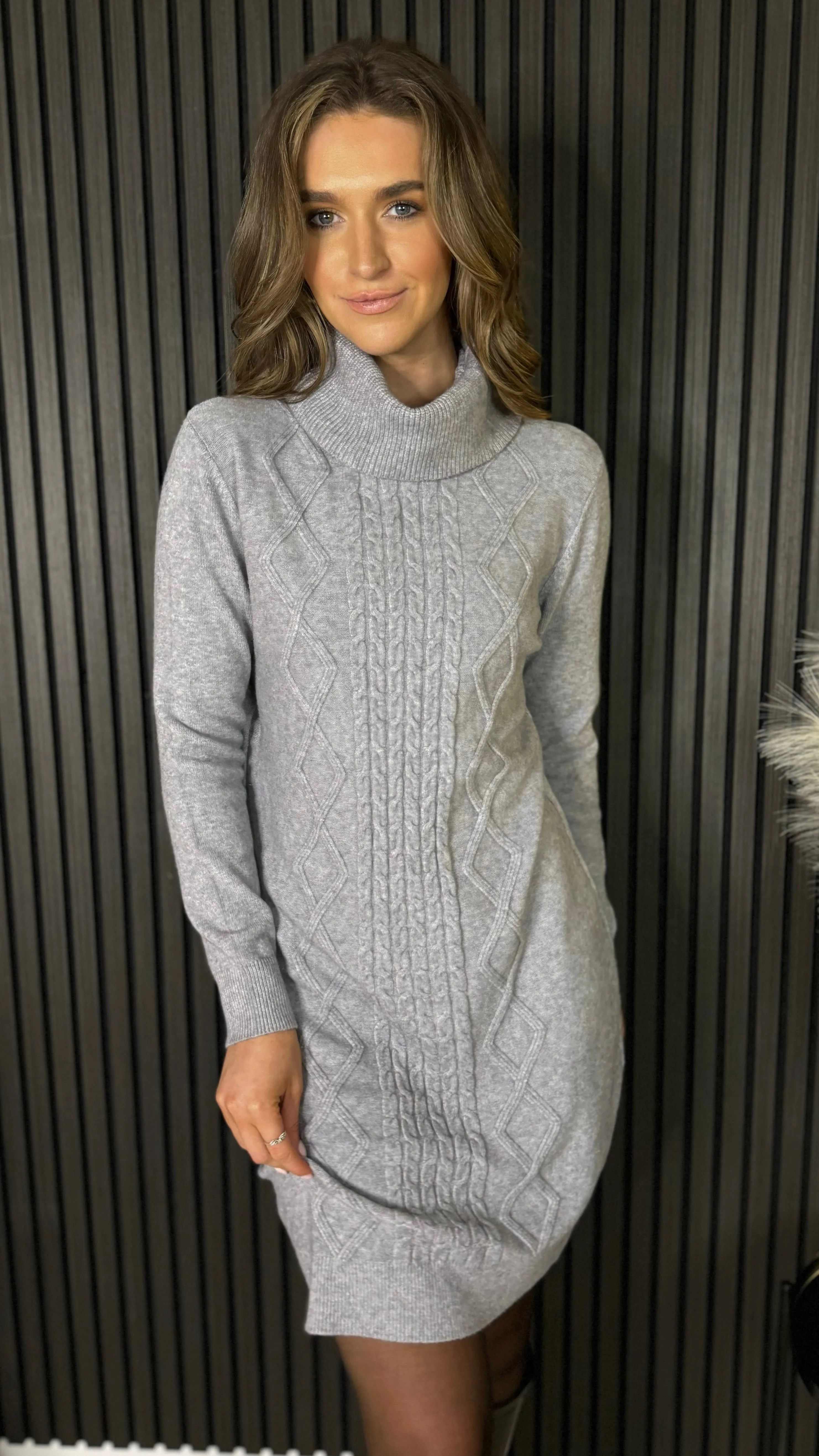 Croia Grey Cable Knit Polo Neck Jumper Mini Dress