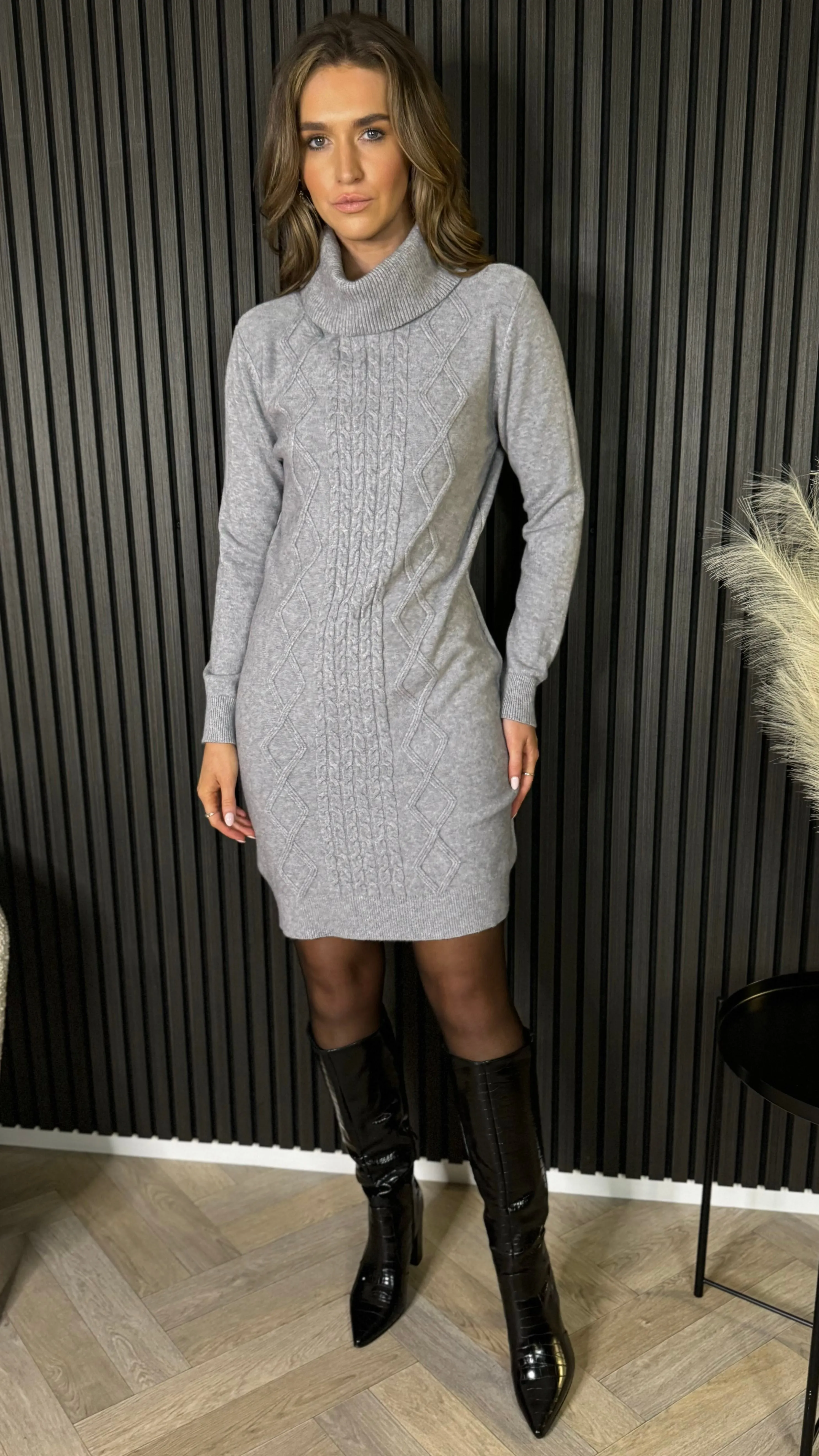 Croia Grey Cable Knit Polo Neck Jumper Mini Dress