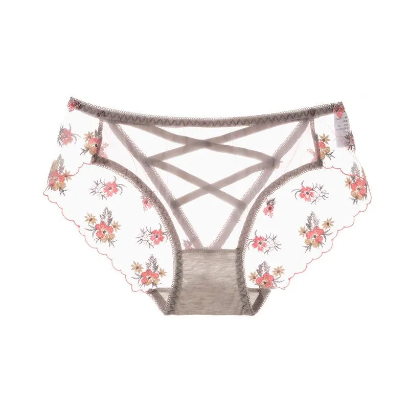 Crossed Webbing Floral Embroidered Lace Gynecological Panties