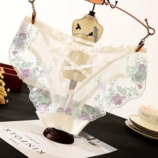 Crossed Webbing Floral Embroidered Lace Gynecological Panties