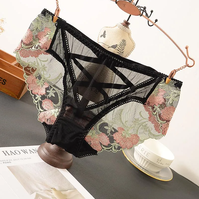 Crossed Webbing Floral Embroidered Lace Gynecological Panties