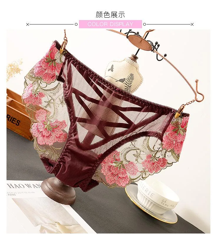 Crossed Webbing Floral Embroidered Lace Gynecological Panties
