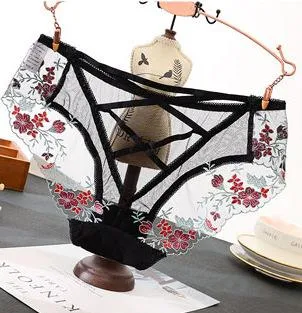 Crossed Webbing Floral Embroidered Lace Gynecological Panties