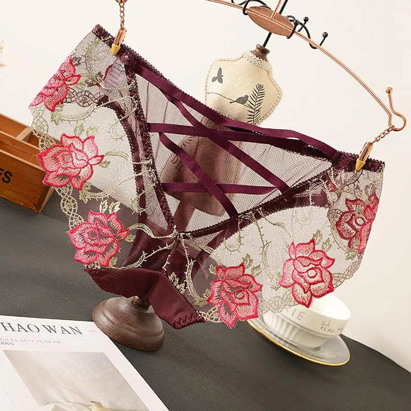 Crossed Webbing Floral Embroidered Lace Gynecological Panties