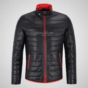 DALTON Men's Puffer Leather Jacket Black Padded Blouson