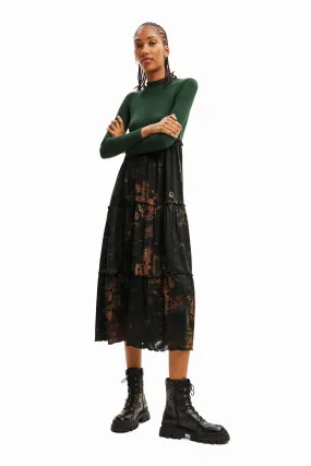 Desigual Lena Green Long Sleeved Top & Tiered Mesh Midi Skirt Dress 23WWVK89