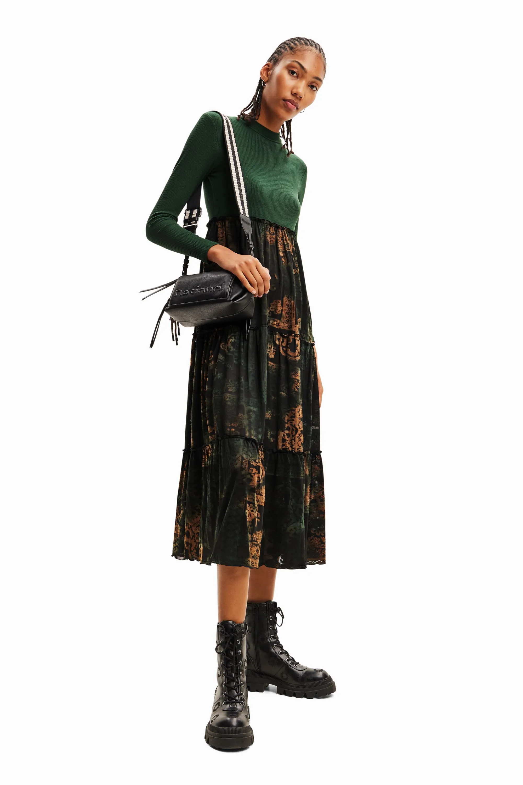 Desigual Lena Green Long Sleeved Top & Tiered Mesh Midi Skirt Dress 23WWVK89