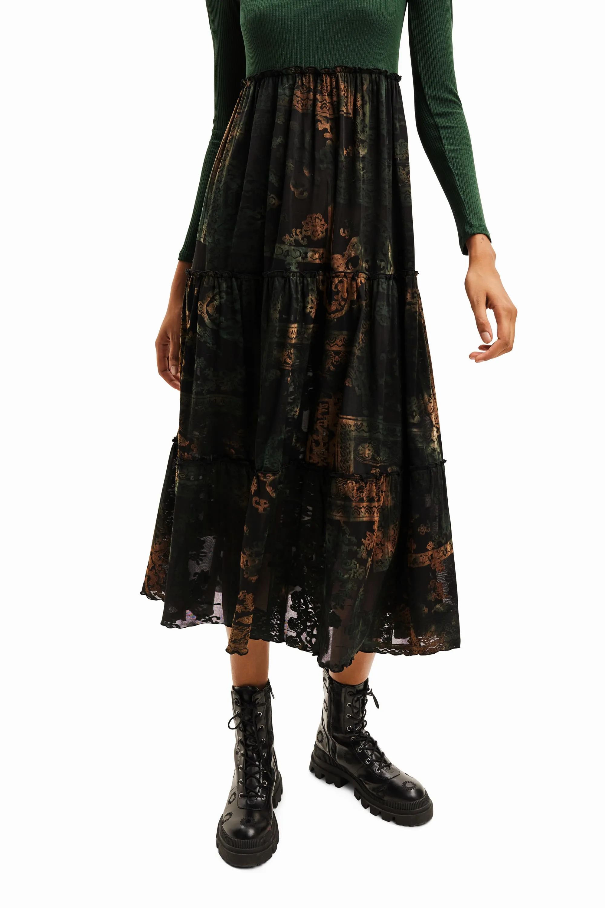 Desigual Lena Green Long Sleeved Top & Tiered Mesh Midi Skirt Dress 23WWVK89