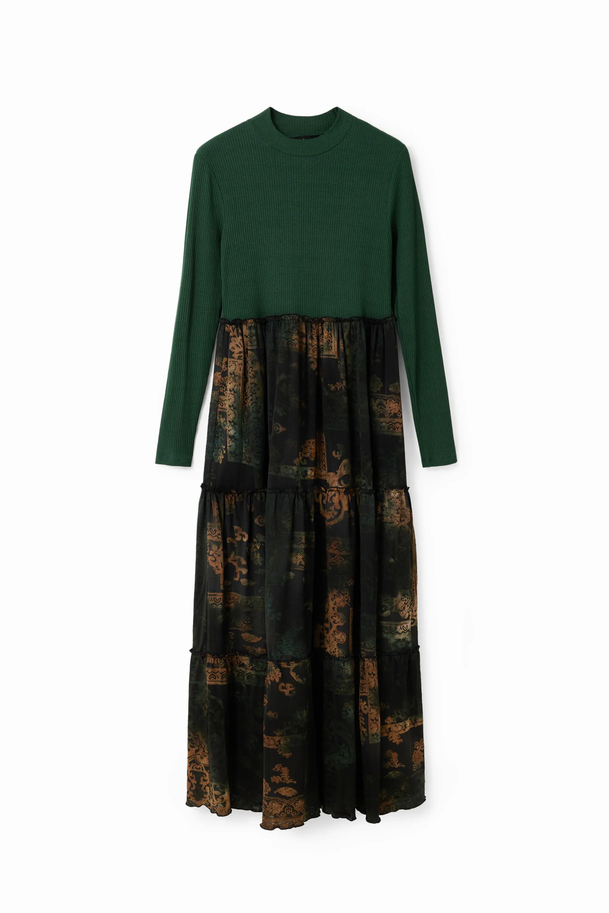 Desigual Lena Green Long Sleeved Top & Tiered Mesh Midi Skirt Dress 23WWVK89