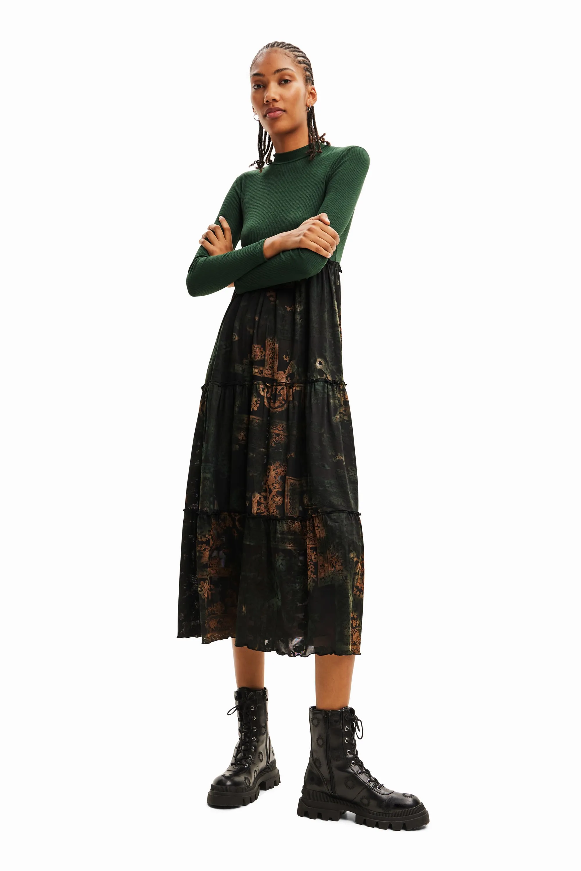 Desigual Lena Green Long Sleeved Top & Tiered Mesh Midi Skirt Dress 23WWVK89