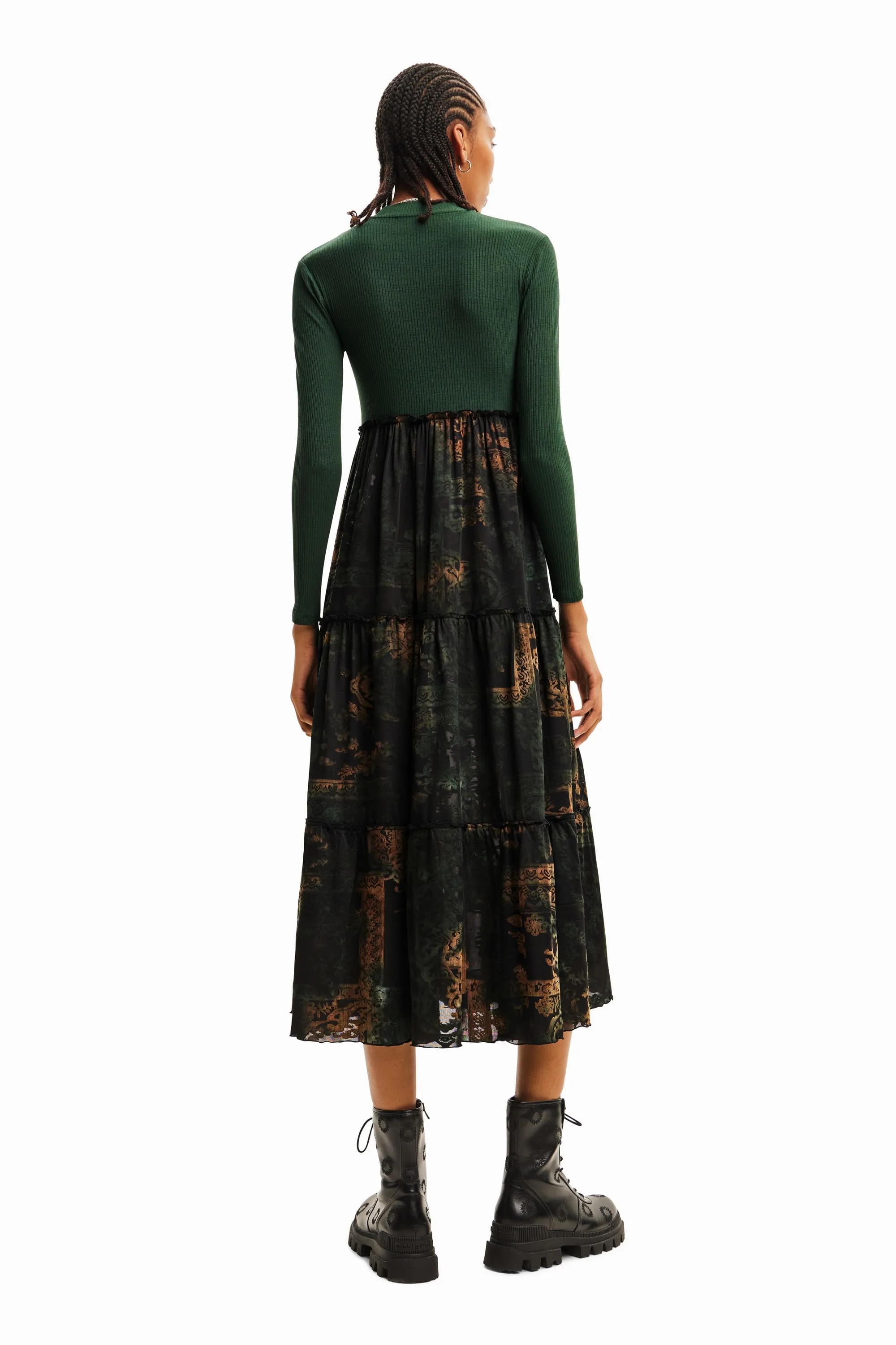 Desigual Lena Green Long Sleeved Top & Tiered Mesh Midi Skirt Dress 23WWVK89
