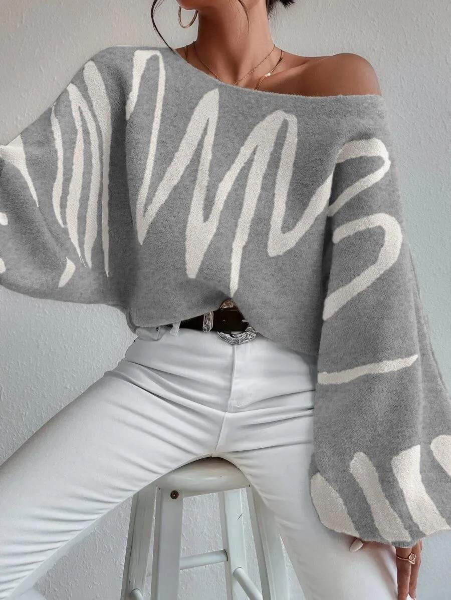 Emily Pullover | Hellgrauer schulterfreier Oversized-Pullover mit Puffärmeln