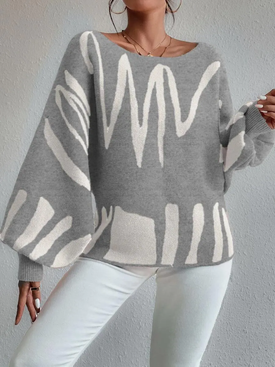 Emily Pullover | Hellgrauer schulterfreier Oversized-Pullover mit Puffärmeln