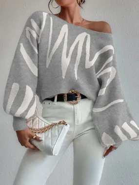 Emily Pullover | Hellgrauer schulterfreier Oversized-Pullover mit Puffärmeln