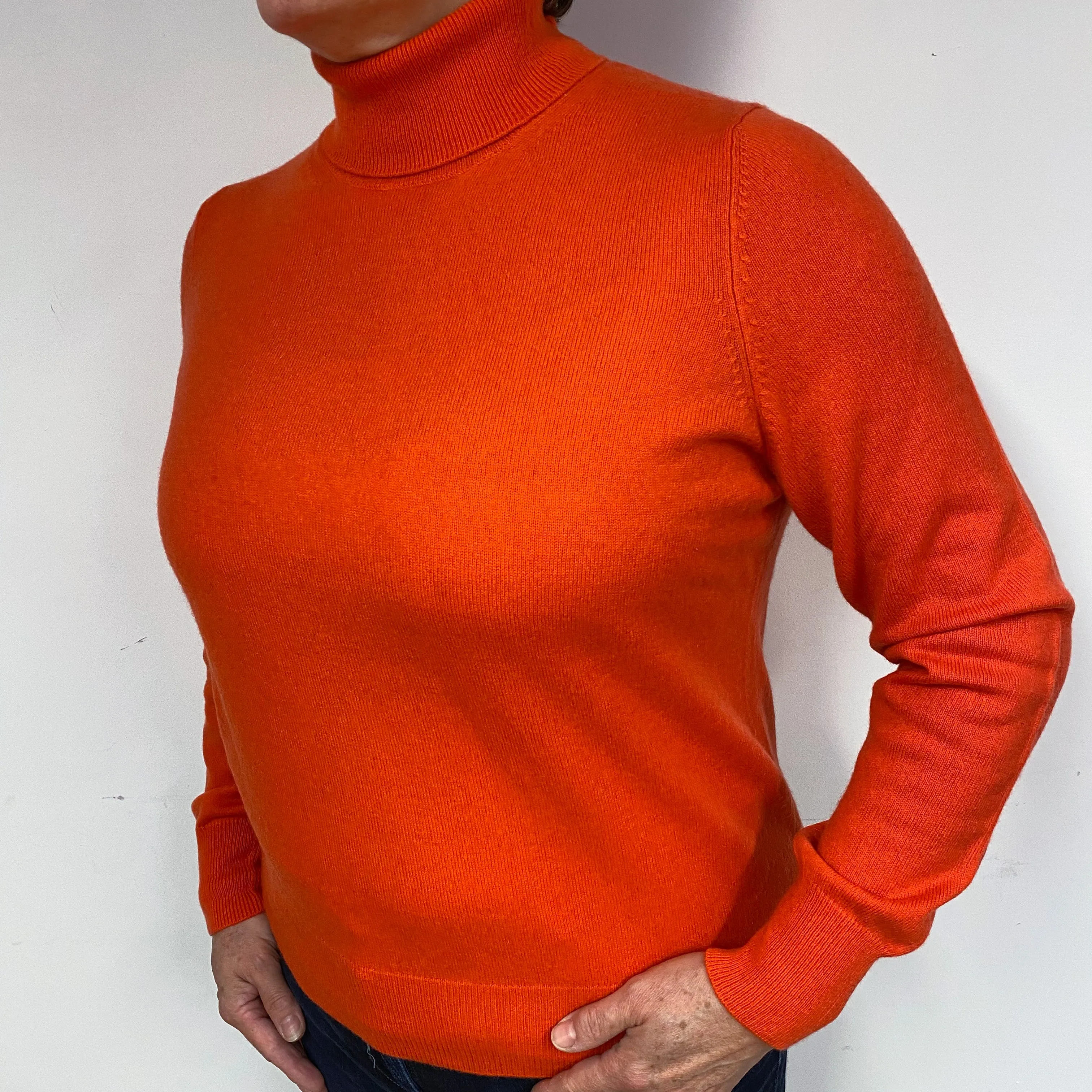 Fiery Orange Cashmere Polo Neck Jumper Large
