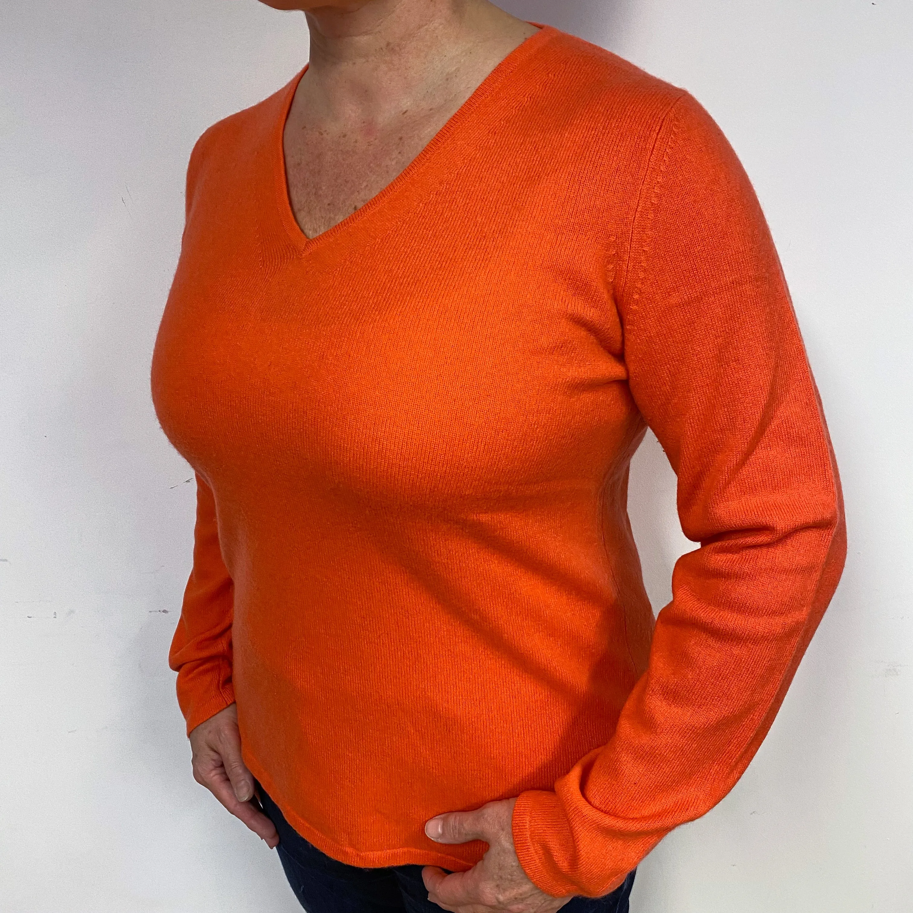 Fiery Orange Cashmere V-Neck Jumper Large