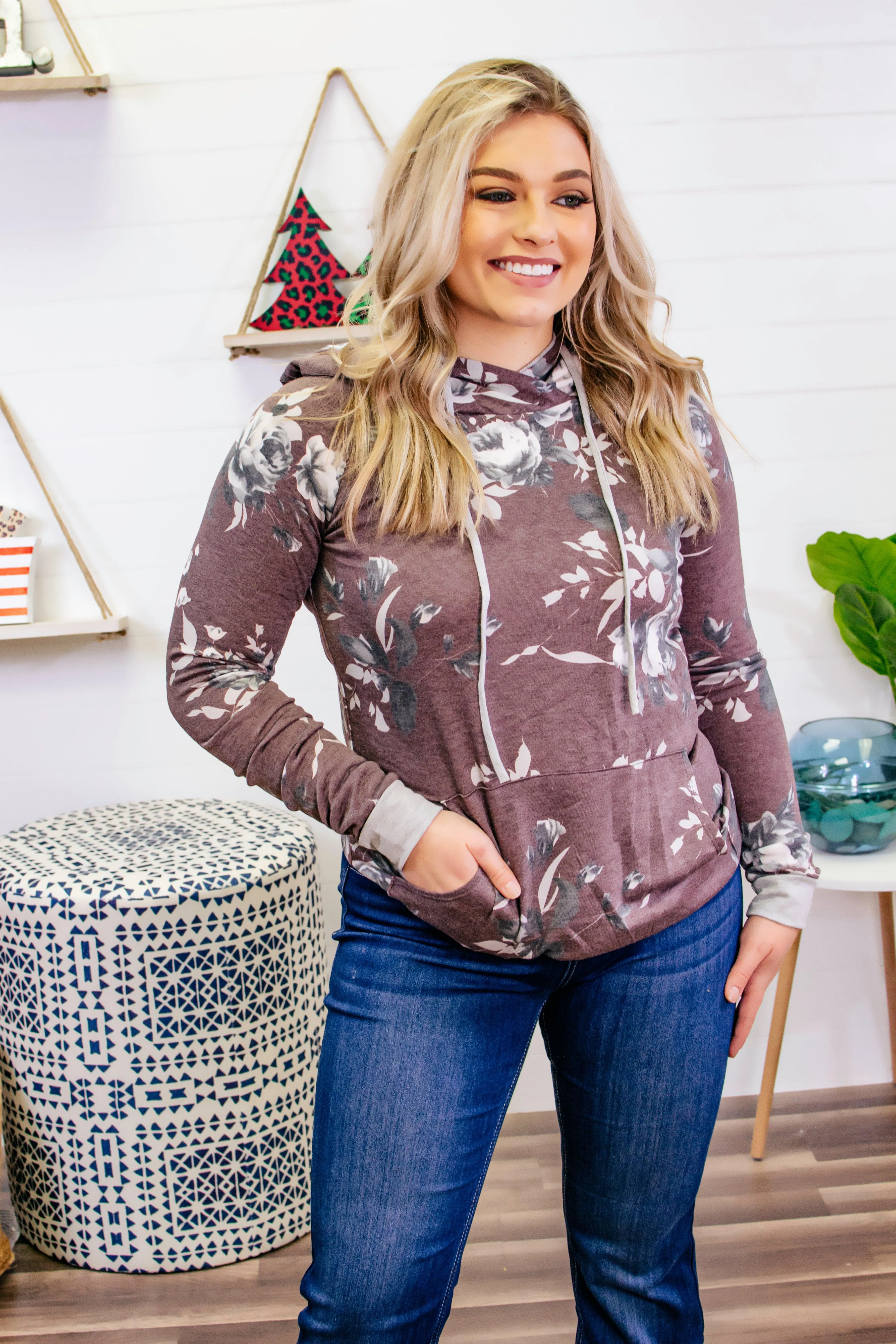 French Terry Floral Pullover - Burgundy