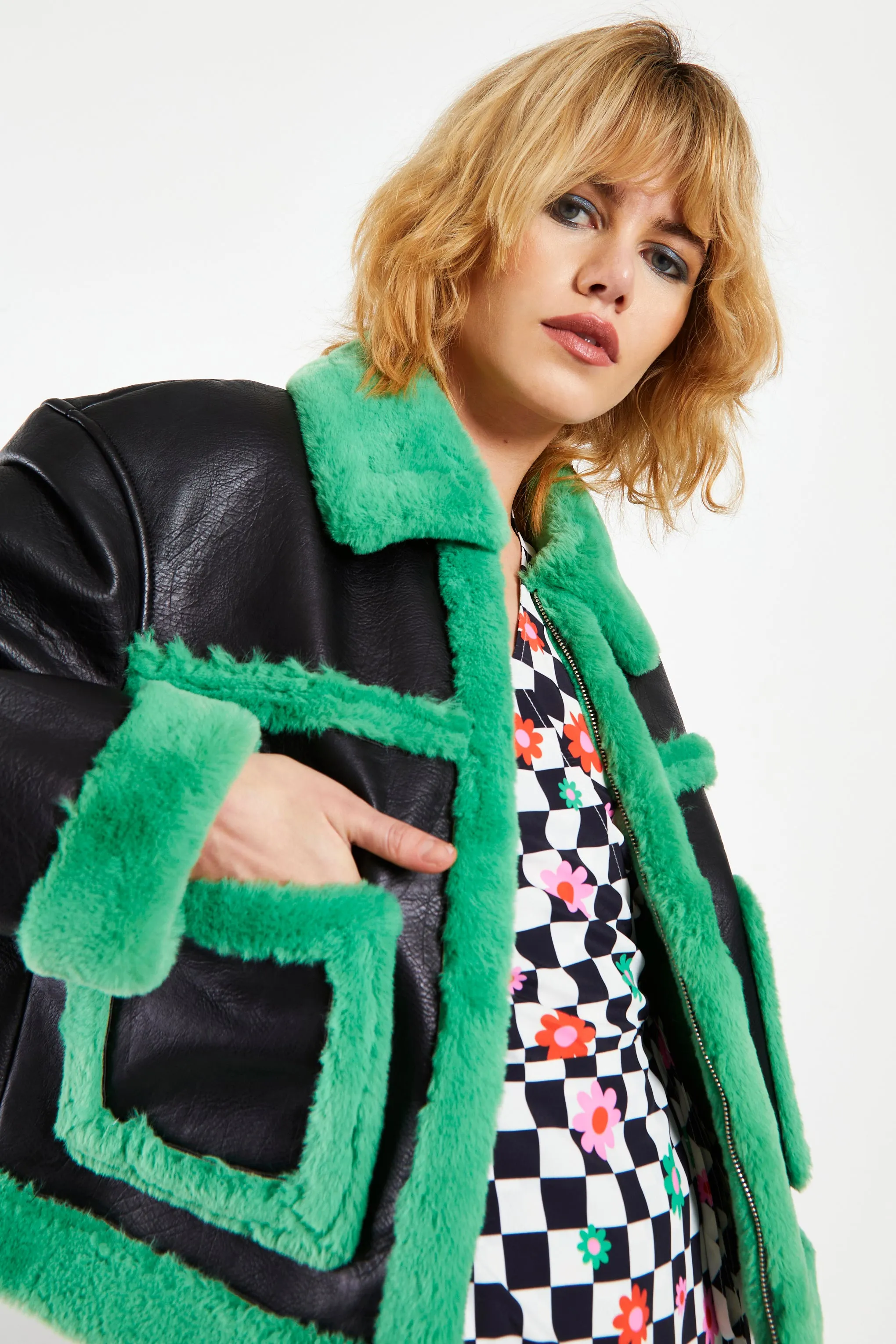 Glamorous Black Green Cropped Shearling Trim Coat