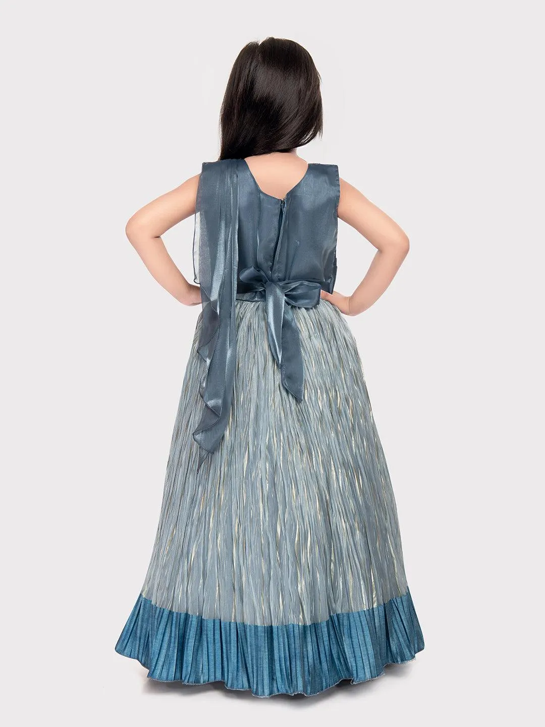 Gray Coloured Simple Attached Dupatta Style Ethnic Wear Gown For Girls