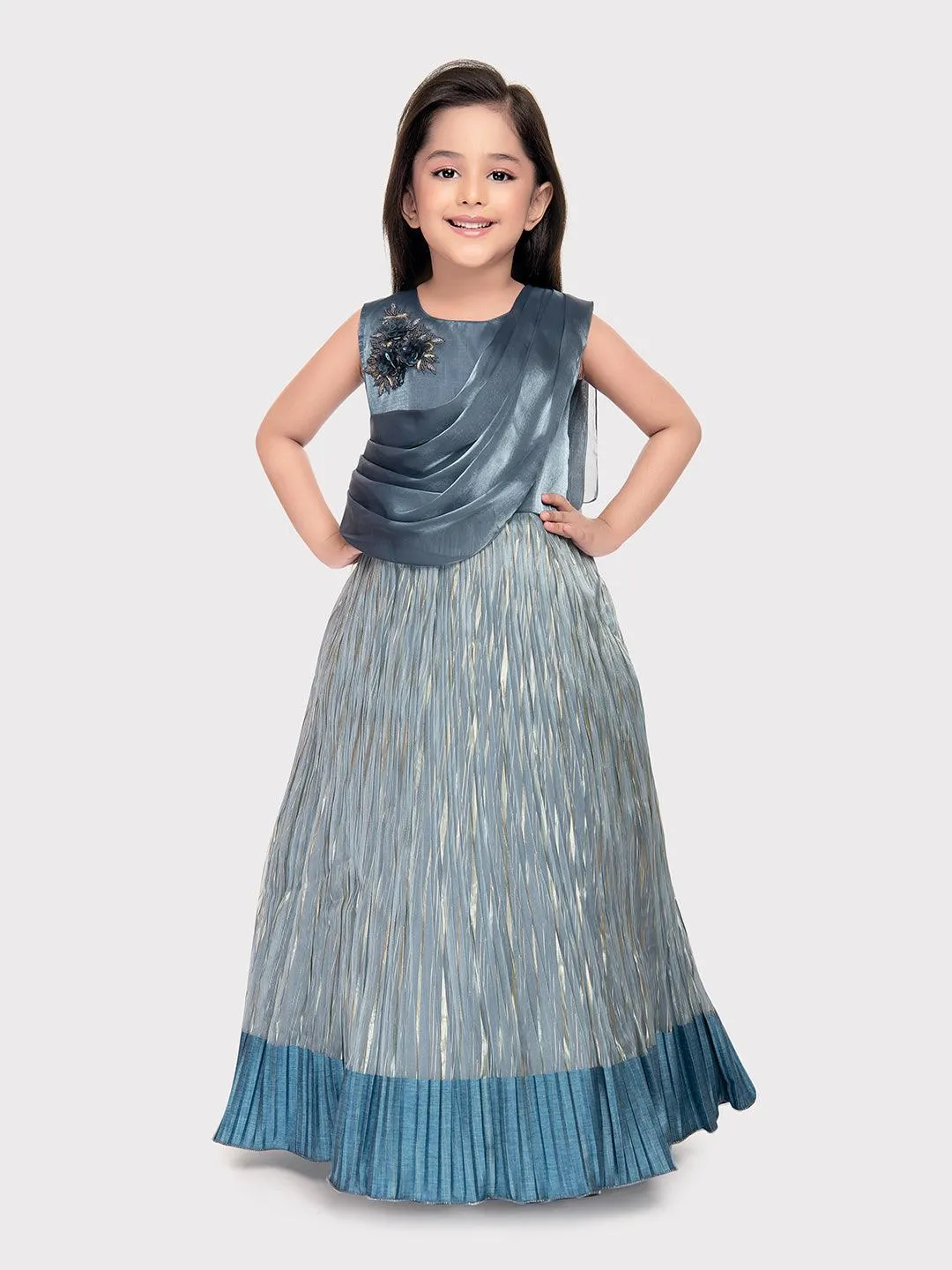 Gray Coloured Simple Attached Dupatta Style Ethnic Wear Gown For Girls