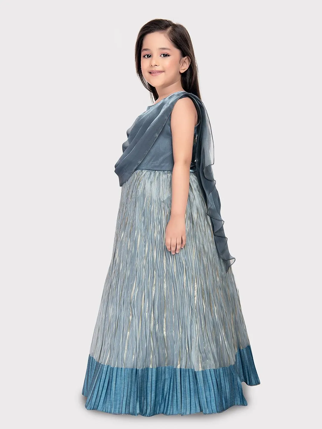 Gray Coloured Simple Attached Dupatta Style Ethnic Wear Gown For Girls
