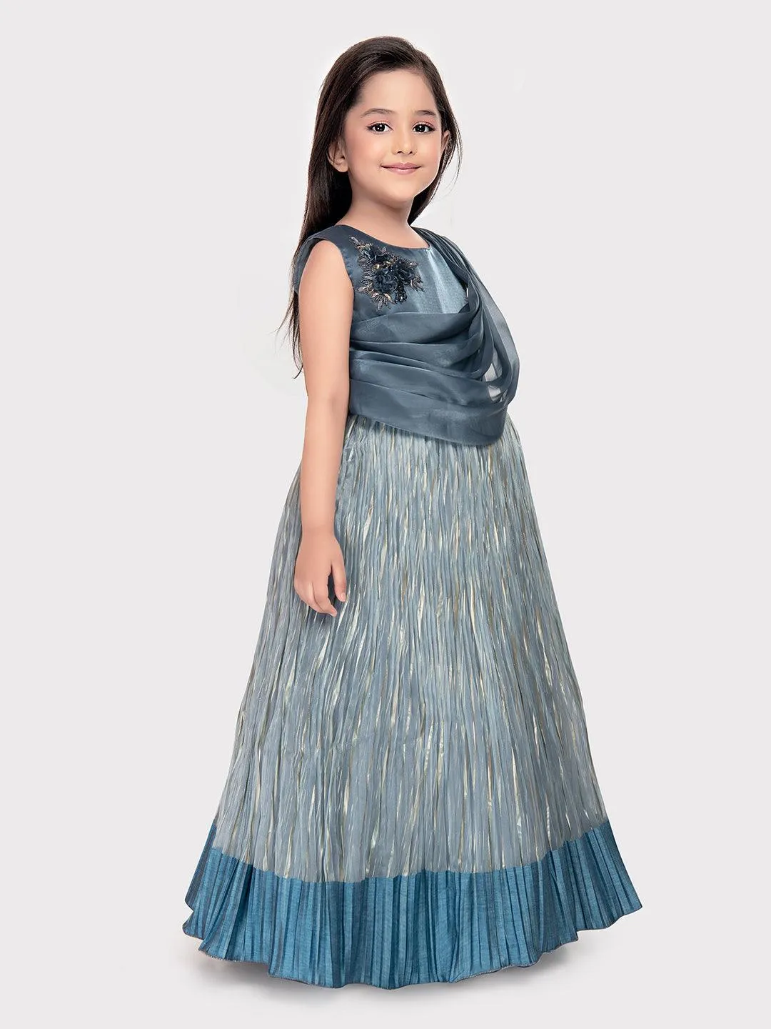 Gray Coloured Simple Attached Dupatta Style Ethnic Wear Gown For Girls