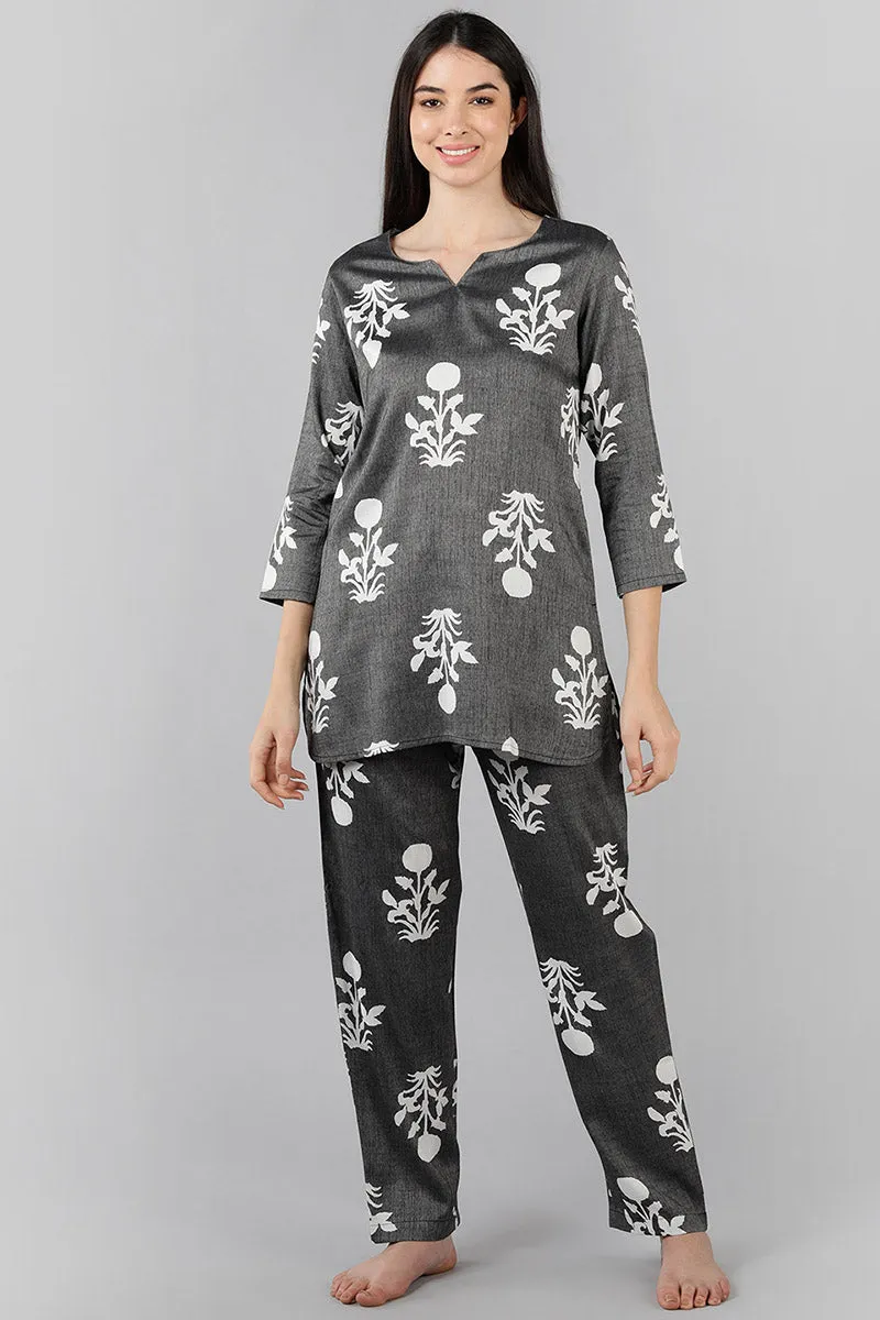 Grey Cotton Ethnic Motifs Night Suit