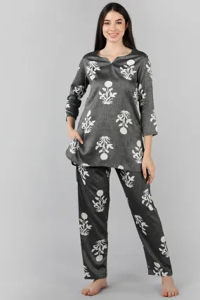 Grey Cotton Ethnic Motifs Night Suit