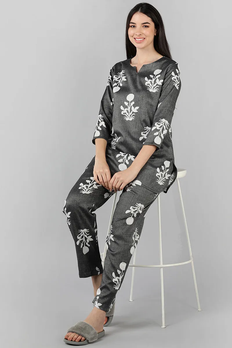 Grey Cotton Ethnic Motifs Night Suit