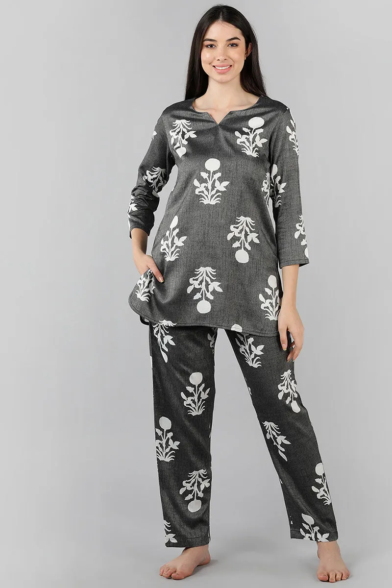 Grey Cotton Ethnic Motifs Night Suit