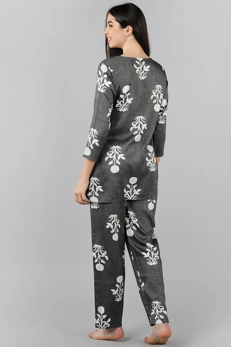 Grey Cotton Ethnic Motifs Night Suit