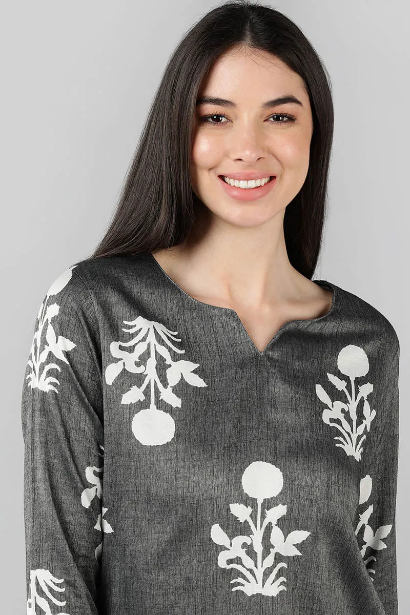 Grey Cotton Ethnic Motifs Night Suit