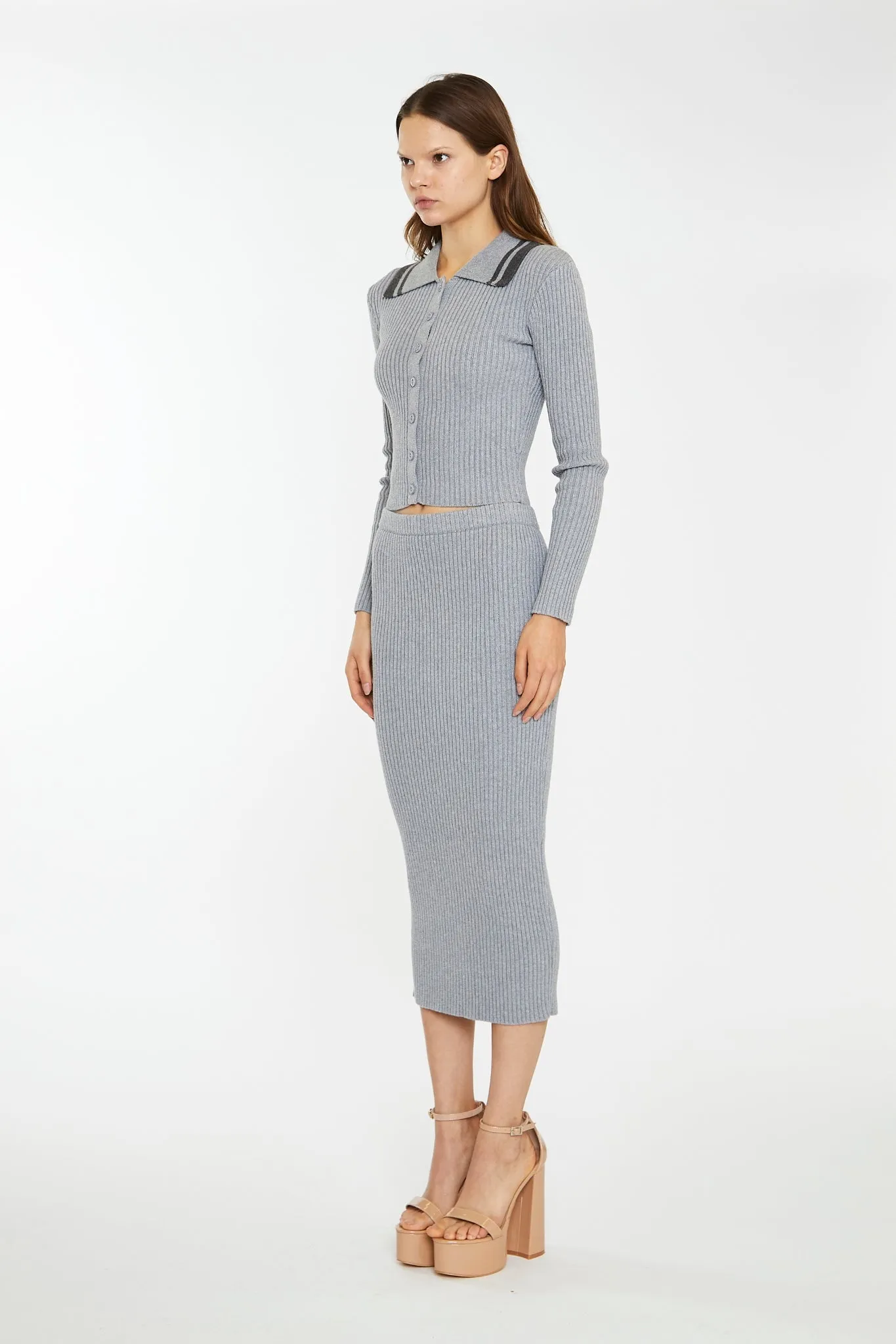 Grey-Marl Rib-Knit Midi-Skirt