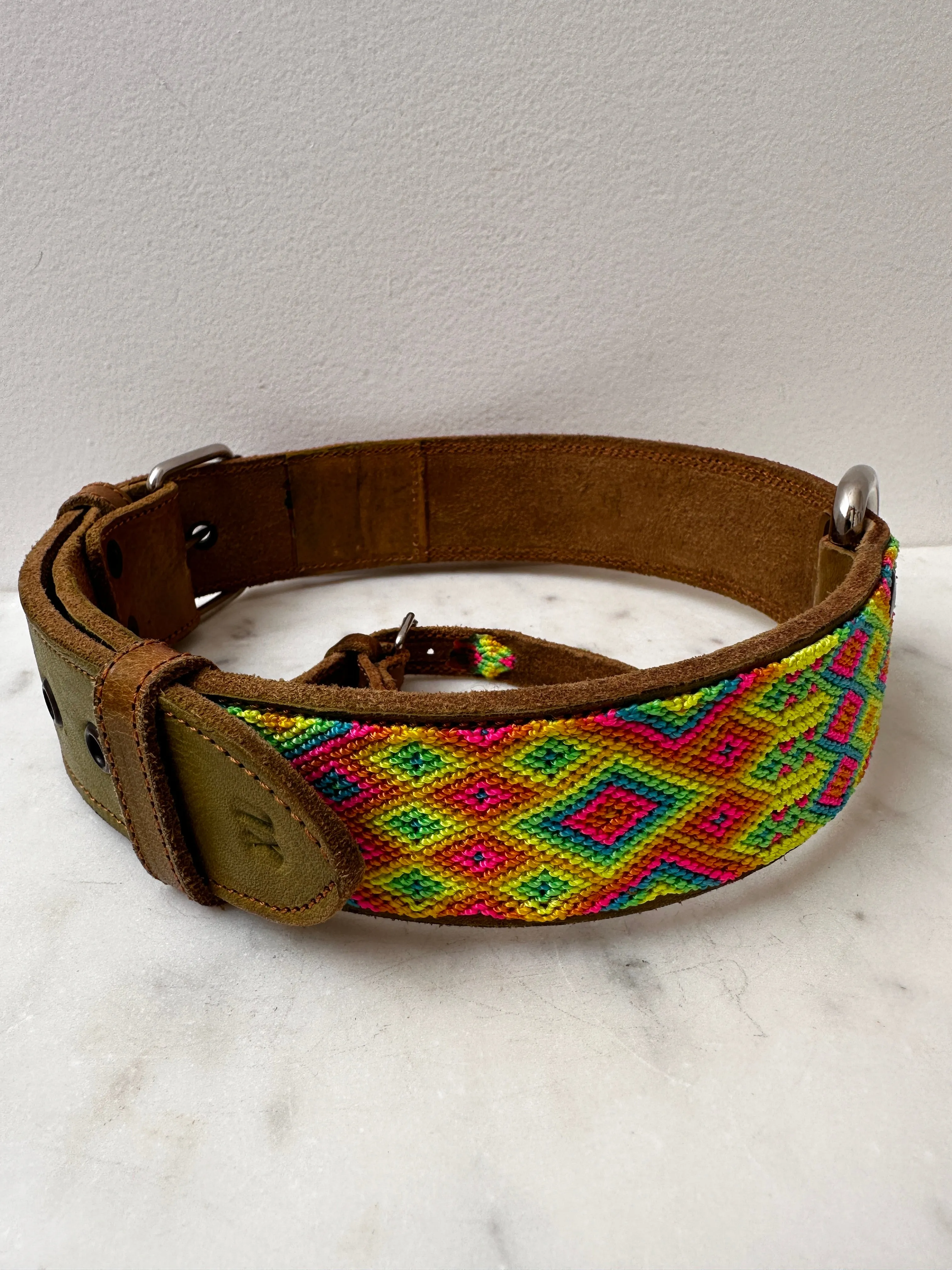 Huichol Leather Wide Dog Collar XL5