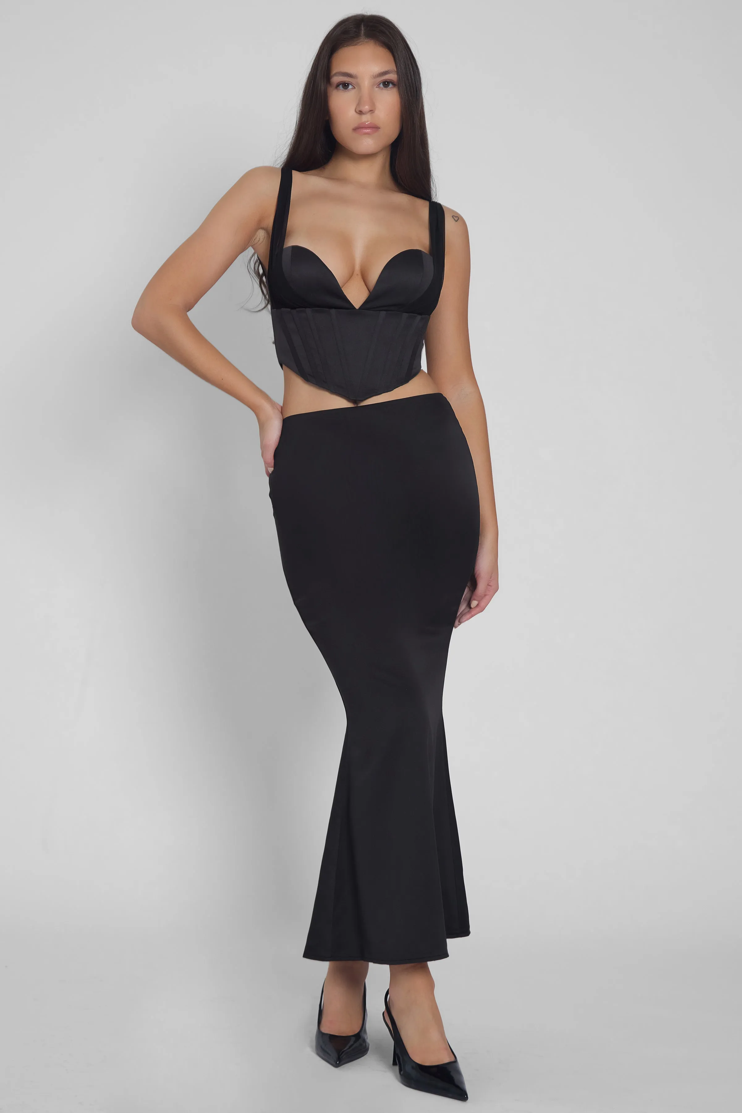 Iris Satin Midi Skirt - Black